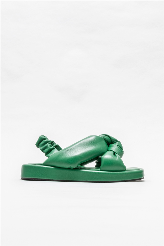 Yeşil Deri Kadın Düz Sandalet